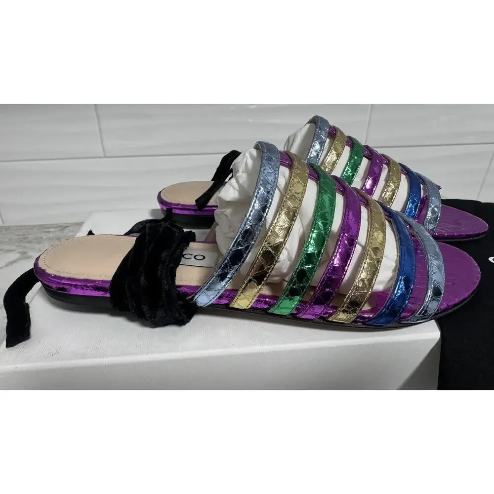 New Attico Rainbow Metallic Strappy Flat Slide on Sandals Size 35